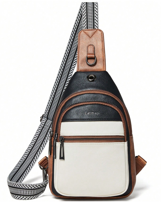 LATMAP Vegan Leather Sling Bag - Black White Brown