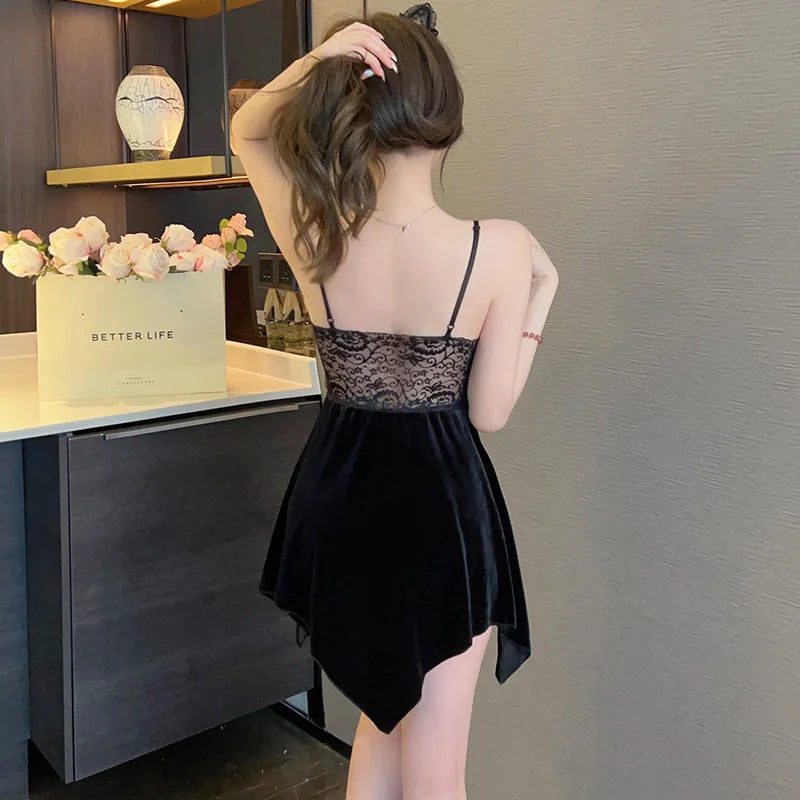 Summer Sling Lace Women's Underwear Two-Pieces Set Satin Silk Sleepwear Butterfly Embroidery Backless Nightdress