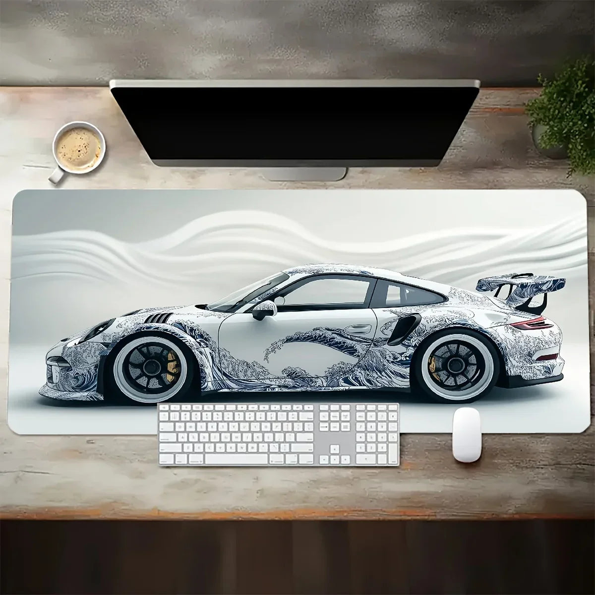 White Sports Car Gaming Mat