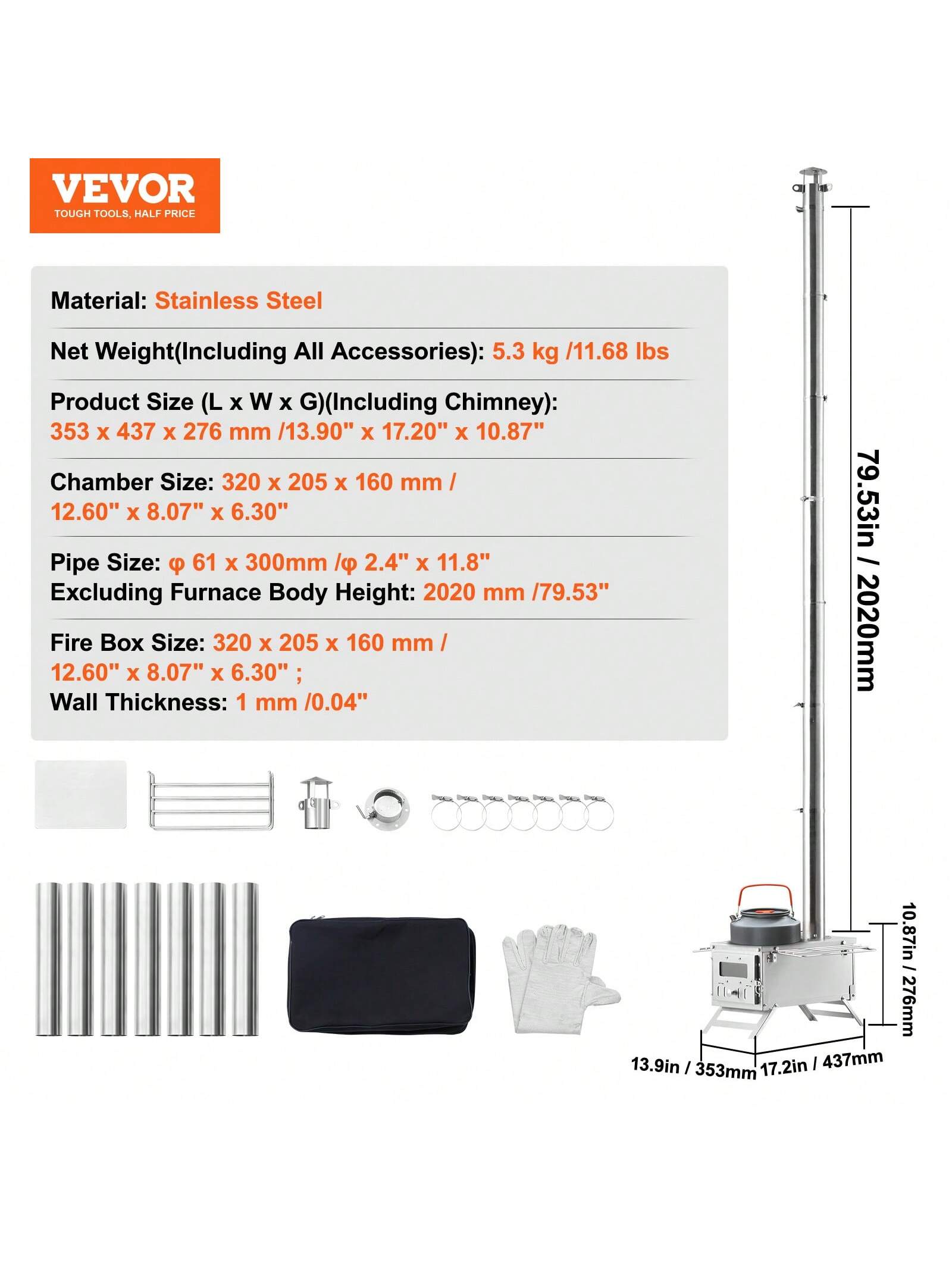 VEVOR Camping Wood Stove Stainless Steel Camping Tent Stove 